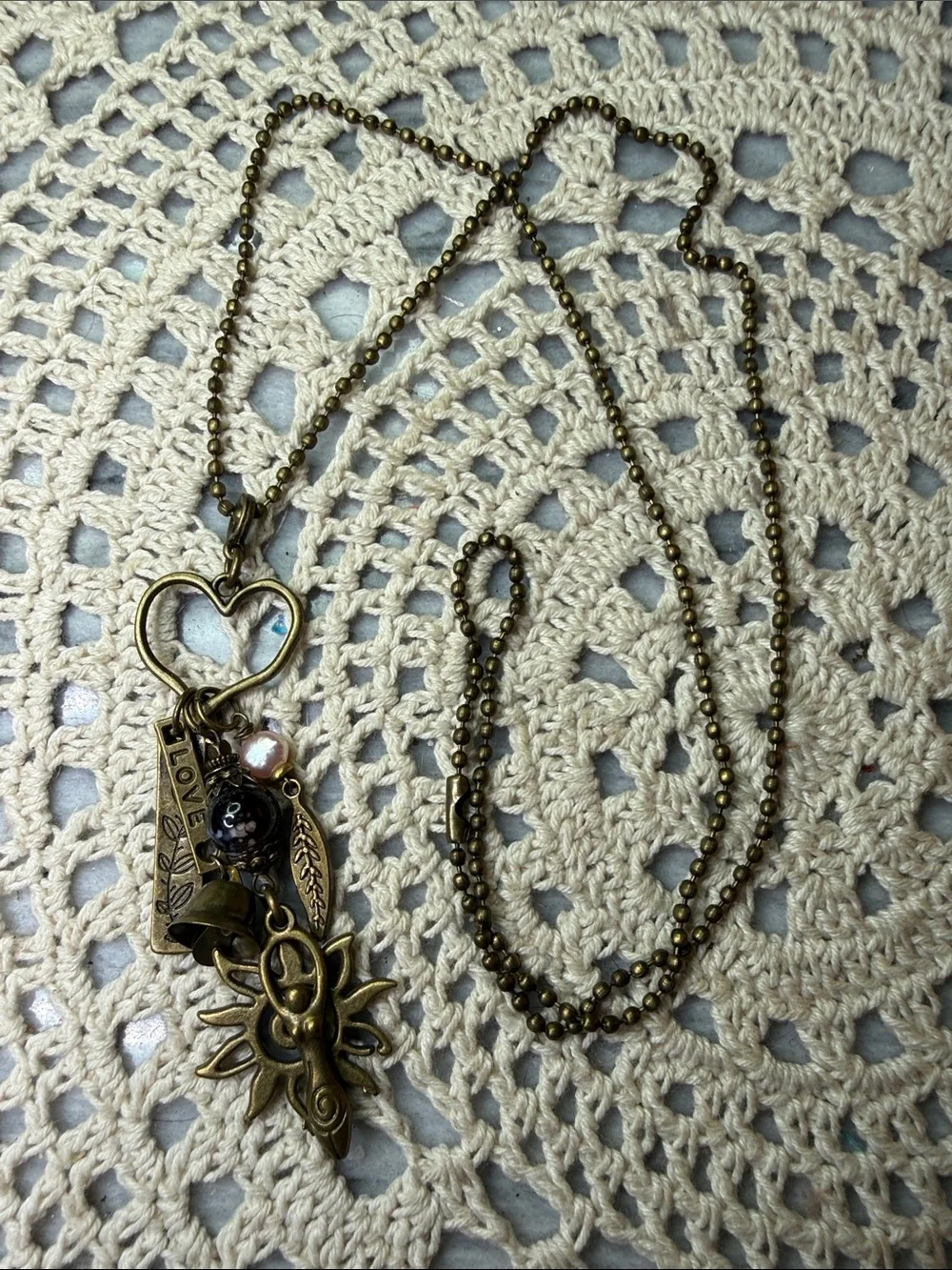 Bronze Sun goddess Charm 26” Necklace with Heart & 'Love' Tag